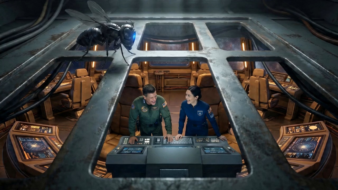 Unit Seven looking down on John and Ingrid from a ceiling vent on the bridge.