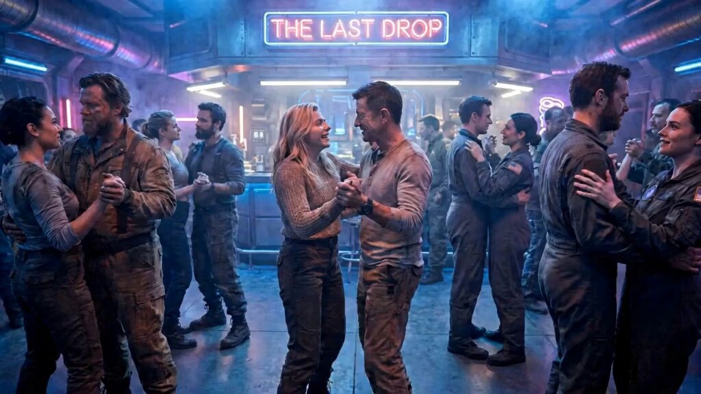 Helen and John dancing at The Last Drop, a neon-lit dive bar on the edge of the solar system.