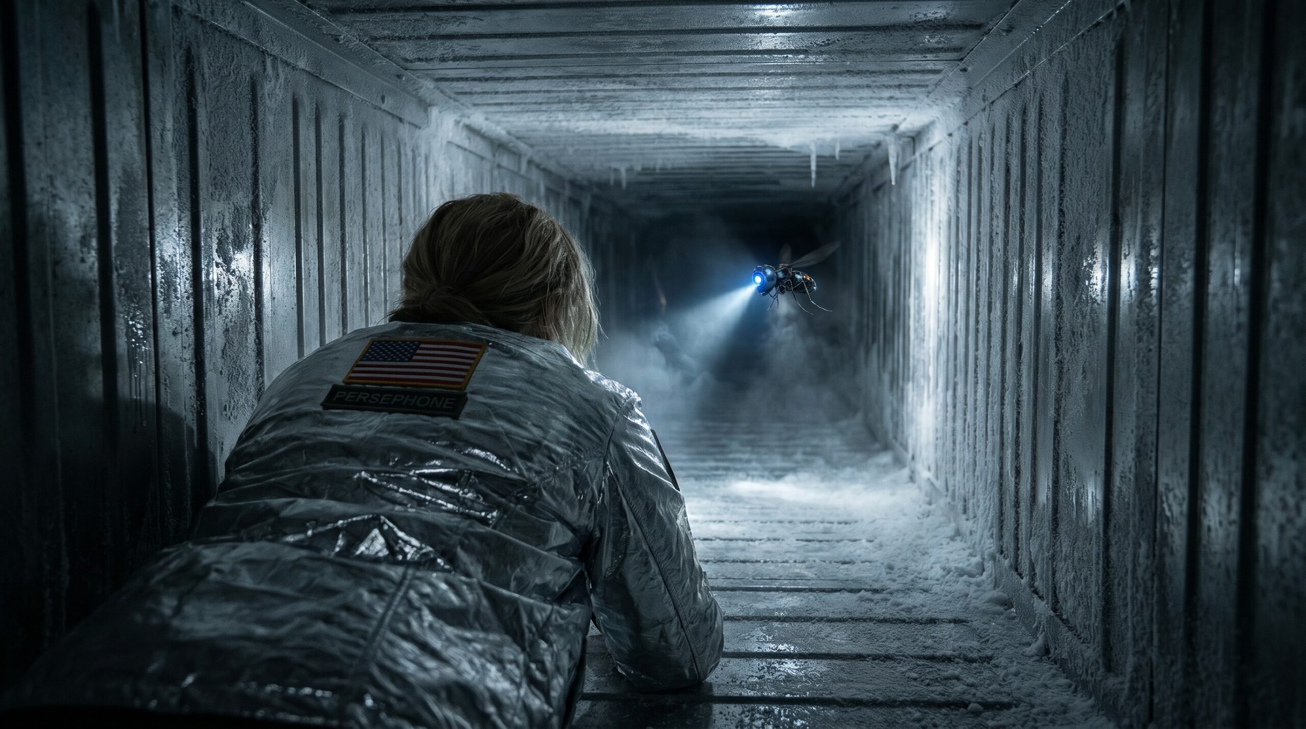 Helen crawls through a ventilation duct while Seven lights the way.